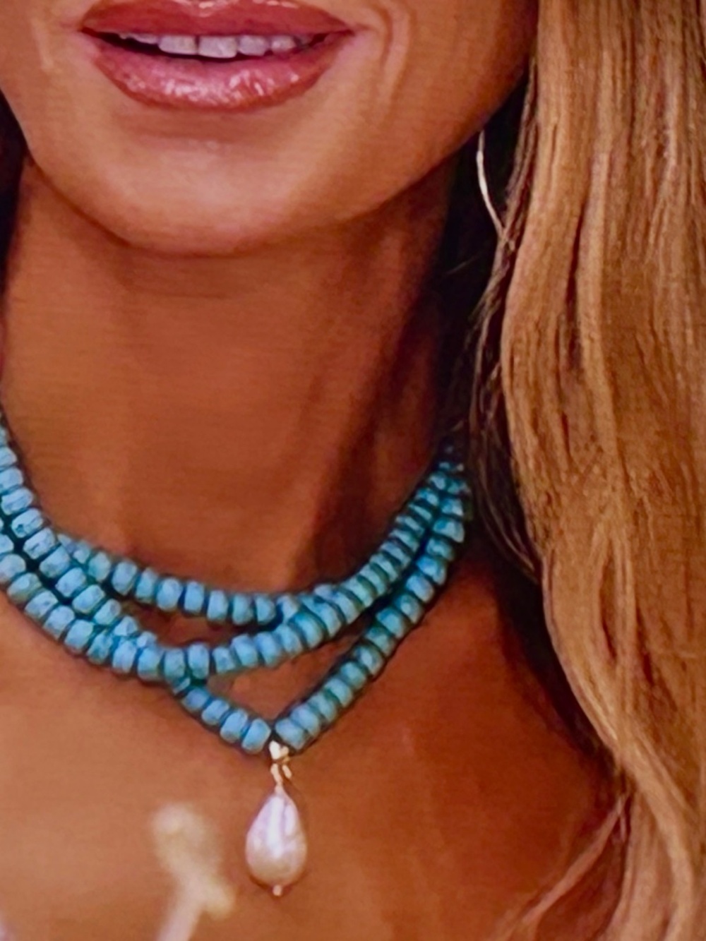 Turquoise Beaded Multi-Strand Choker w/lge real natural baroque Pearl Pendant